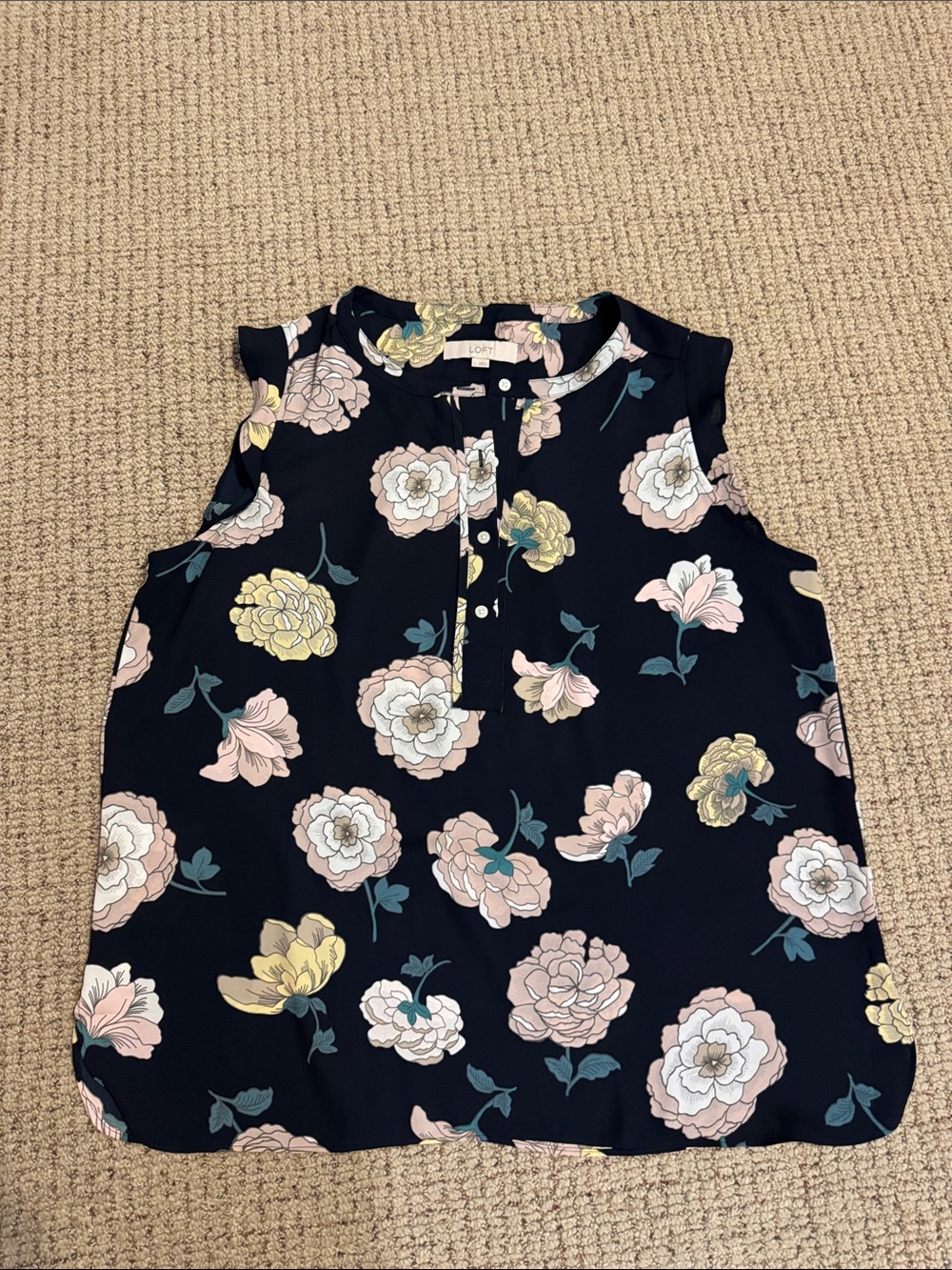 LOFT Floral Sleeveless Blouse in Navy with Pink & Yellow Flowers